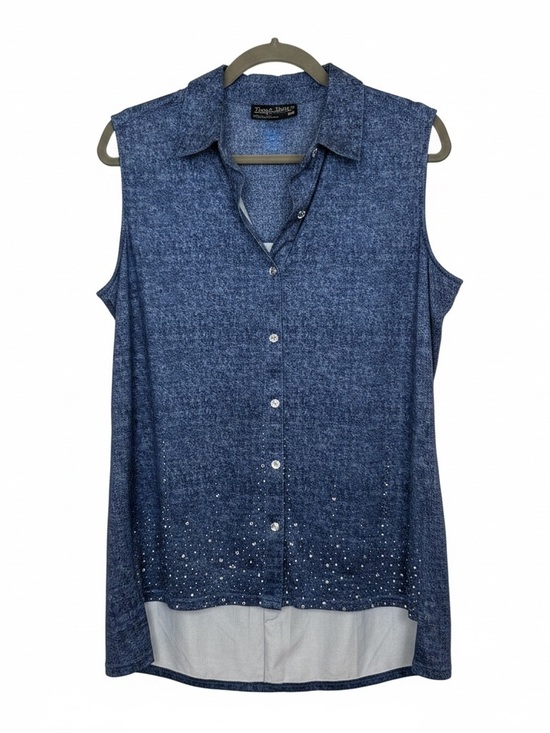 Tango Mango Tops - Tango Mango XL Hi-lo Hem Blue Sleeveless Button-Down Tunic Gem Accents | EUC